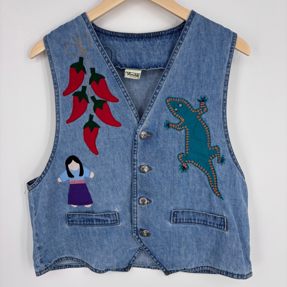 Vintage Southwestern Embroidered Denim Vest Women L Blue Gecko Cactus Adobe Boho